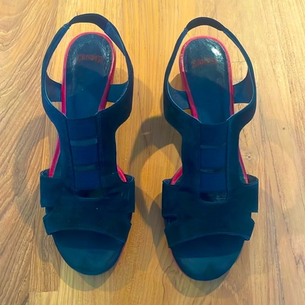 Camper black suede sandals red heels women size 39 / 8.5